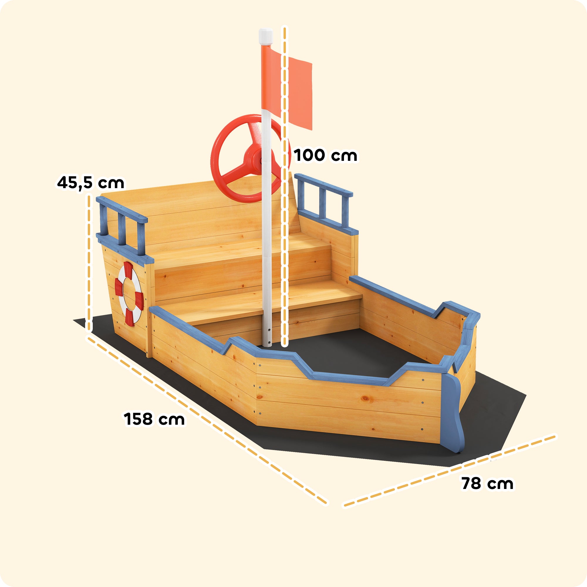 Sandkasten in Piratenschiffsform, Kindersandkasten mit Steuerrad, roter Flagge, 2 Stufen und Stauraum