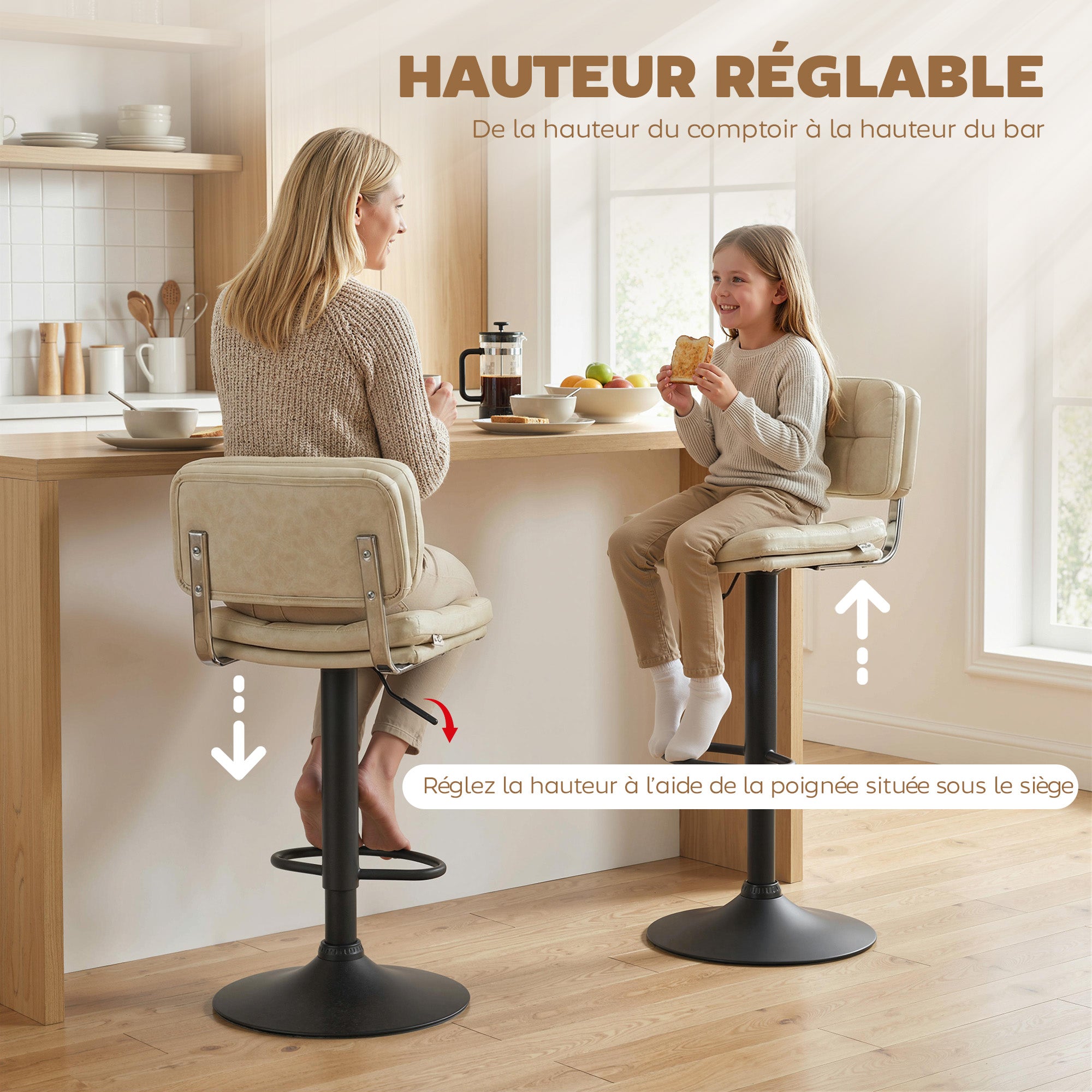 2er-Set Vintage-Barhocker, gepolstert – drehbar, höhenverstellbar – Fußstütze – cremefarbener Kunstlederbezug