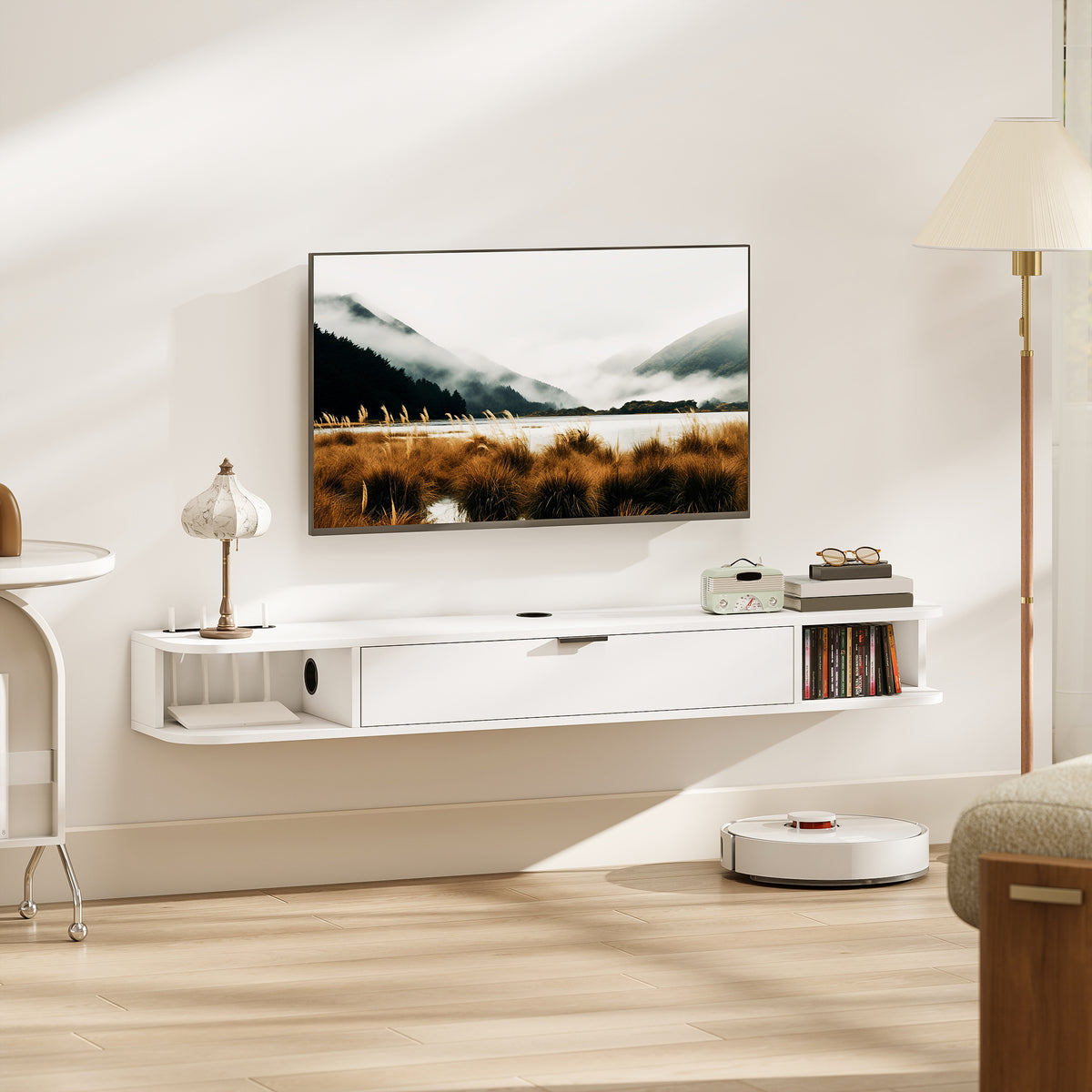 Hängendes TV-Board, Fernsehschrank für Fernseher bis 60 Zoll, Klappfach, 2 Ablagen, 140x24x16cm, Weiß