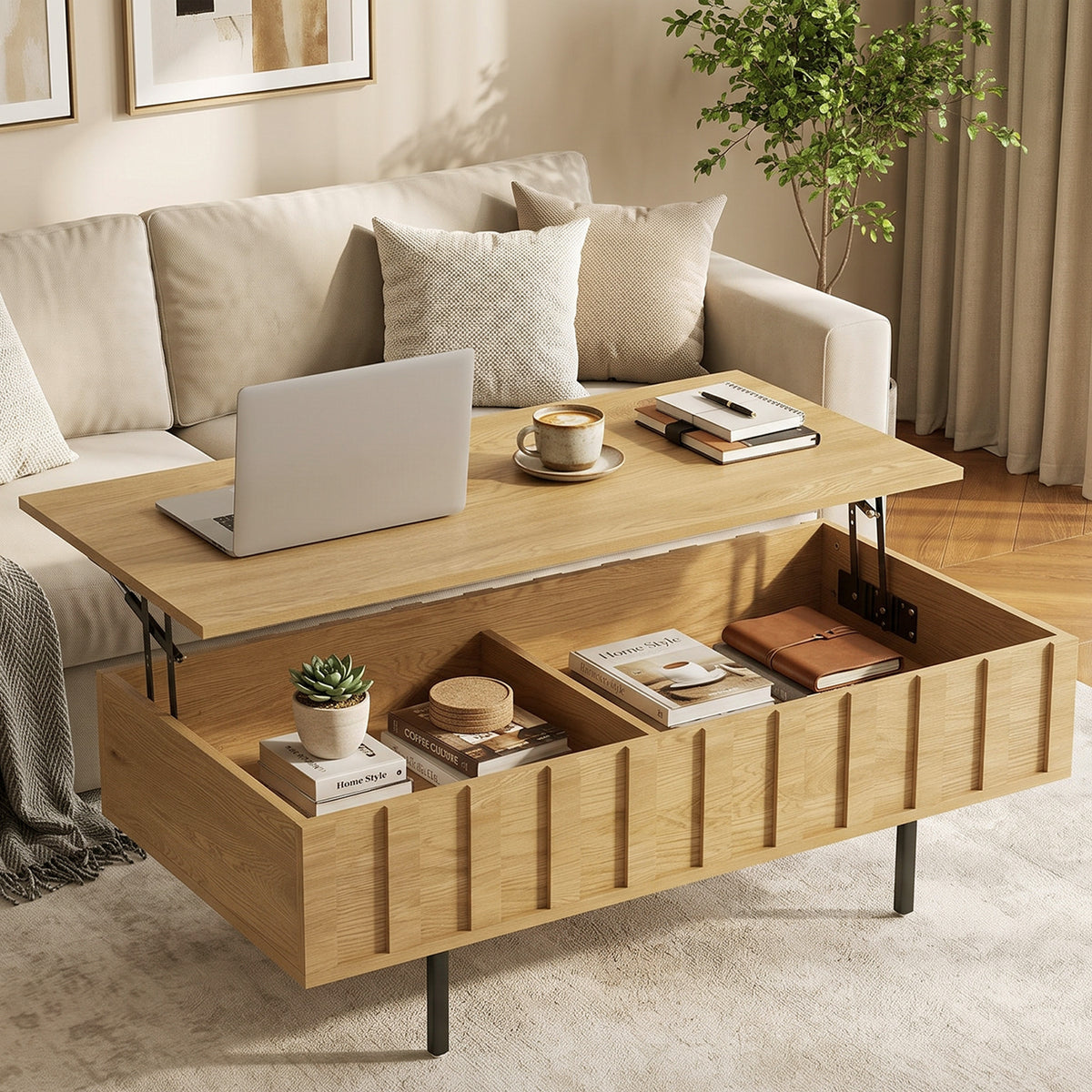 Tavolino da salotto sollevabile con 2 scomparti nascosti e lati scanalati, stile Mid-Century Modern, 110x55x36,5cm, rovere