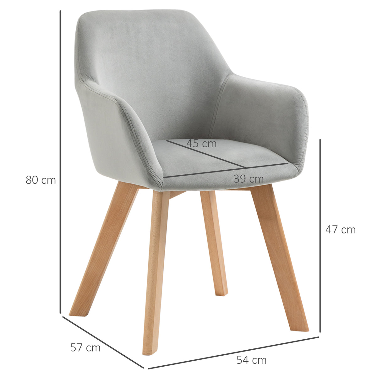 Lot de 2 chaises de salle à manger Fauteuil Assise rembourrée en tissu effet velours Pieds en bois, gris