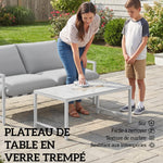 Conjunto de Jardín de Exterior de 2 Piezas, Sofá con Cojines, Mesa de Centro de Vidrio Templado con Efecto Mármol 3D, 125x80x64cm, Gris Claro