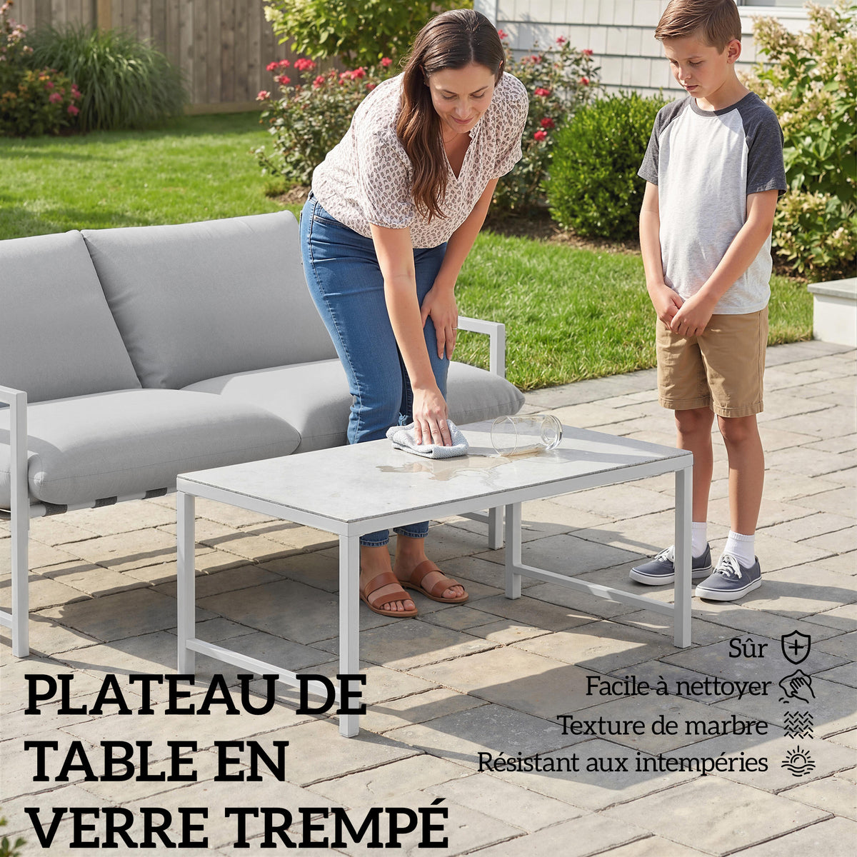 Conjunto de Jardín de Exterior de 2 Piezas, Sofá con Cojines, Mesa de Centro de Vidrio Templado con Efecto Mármol 3D, 125x80x64cm, Gris Claro