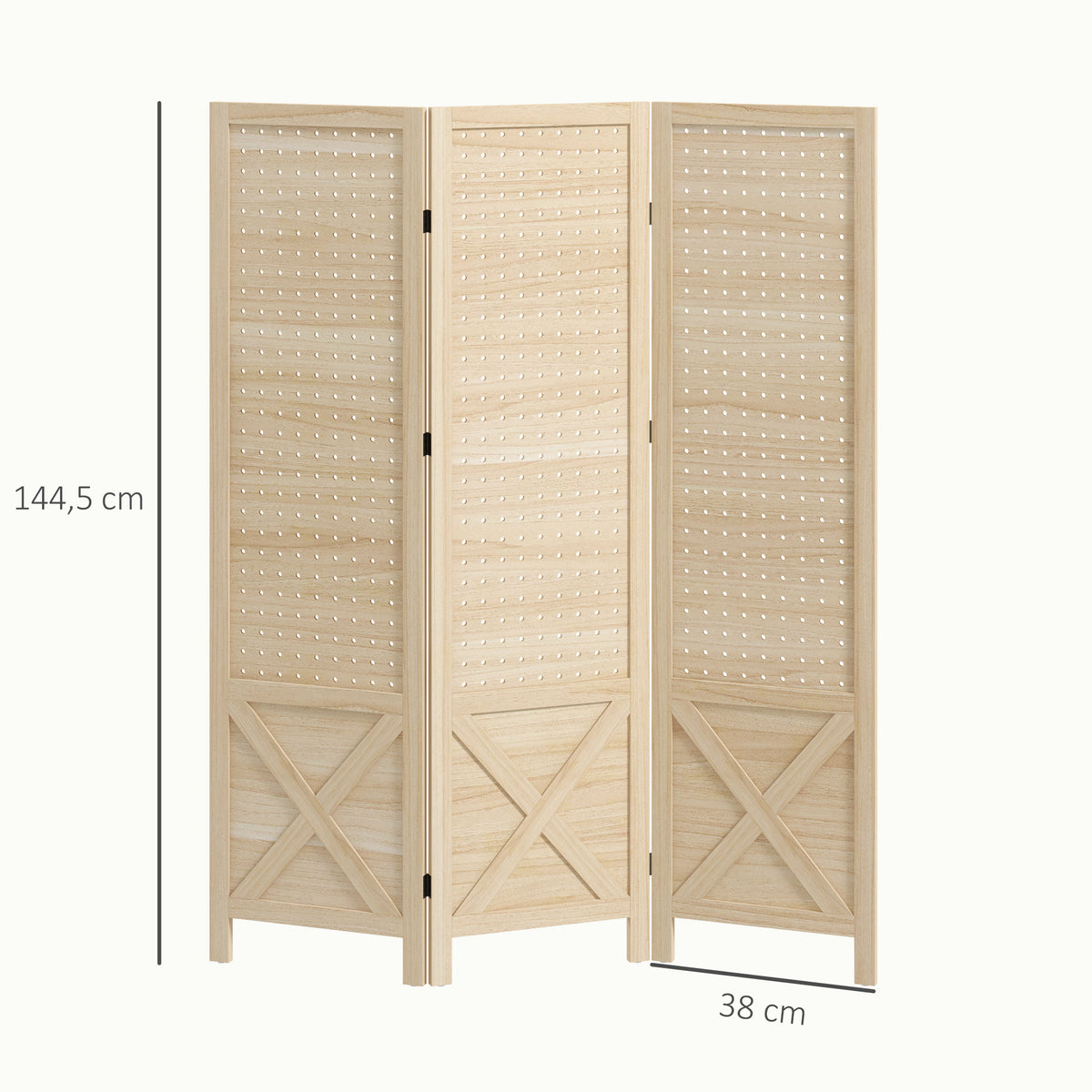 Paravent intérieur en bois 3 panneaux séparateur de pièce pliable panneau perforé 114 x 1,7 x 144,5 cm bois naturel