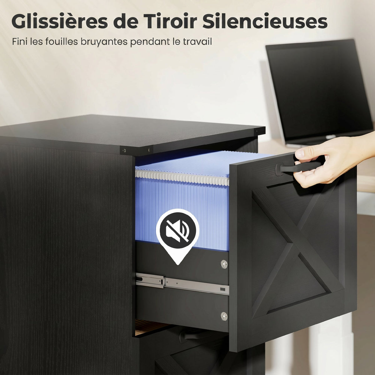 Caisson de Bureau avec 4 Tiroirs, Dossiers Suspendus pour Formats Lettre/A4, Style Rustique, 40x40x131cm, Noir