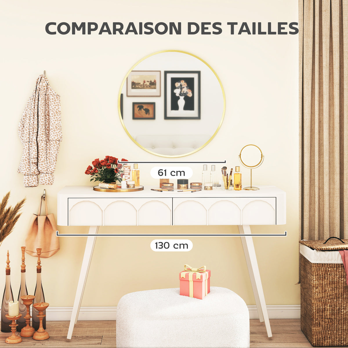 Miroir mural rond Ø 61 cm, cadre en alliage d'aluminium, pour salle de bain, chambre, salon, couloir, doré