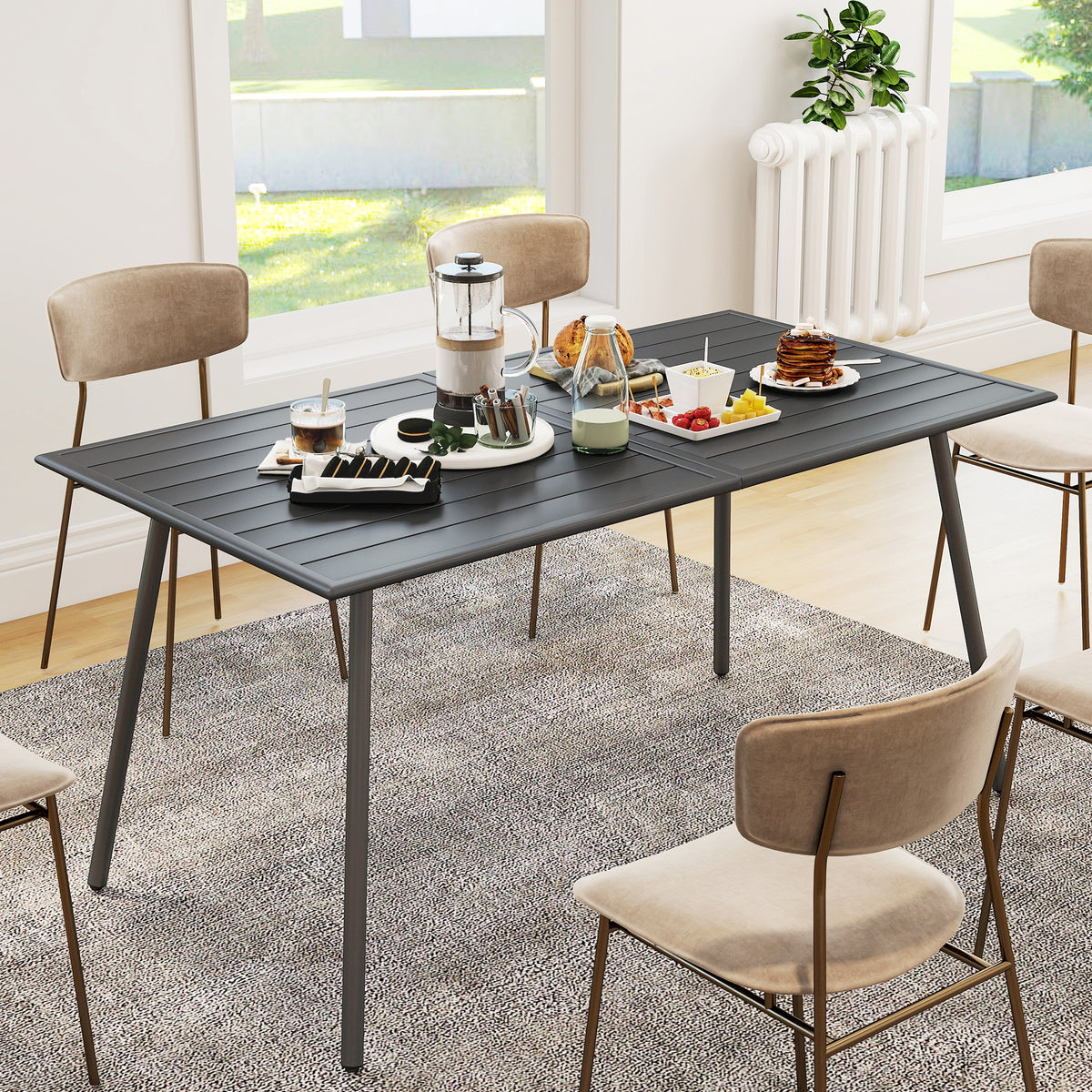 Table à manger de jardin pour 6 personnes avec plateau à lattes pour jardin, patio, terrasse, 150 x 80 x 74 cm, gris
