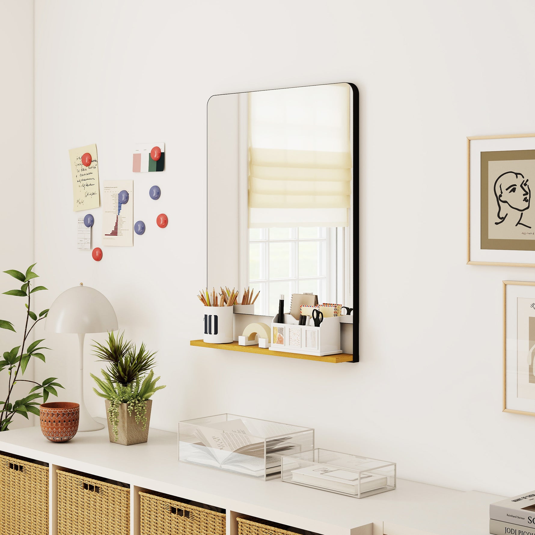 Miroir mural 80 x 60 cm avec étagère en bois, miroir rectangulaire moderne avec cadre en métal, noir