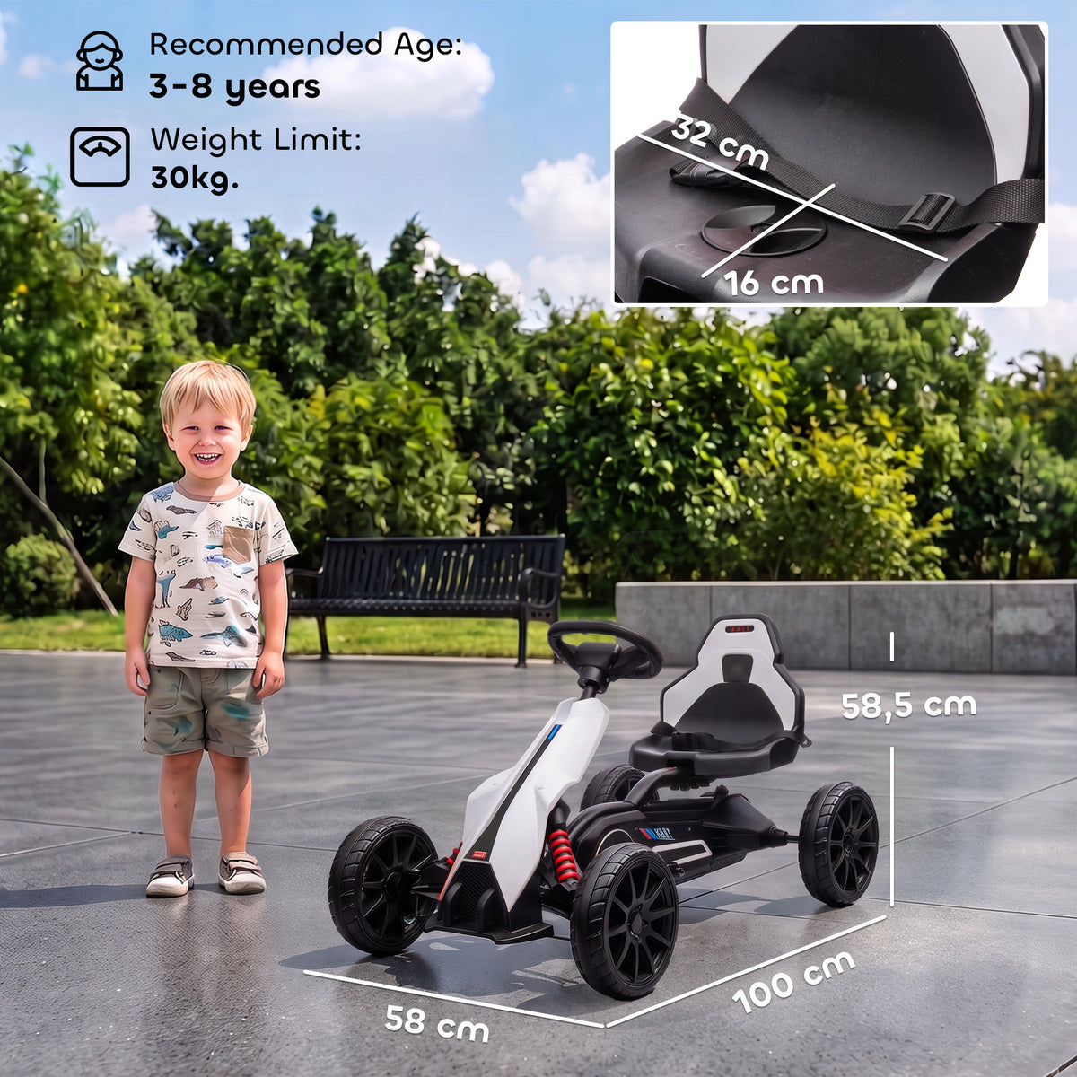 Kart électrique pour enfant 12V - Vitesse réglable 3-5km/h pour enfants de 3 à 8 ans - siège réglable - blanc
