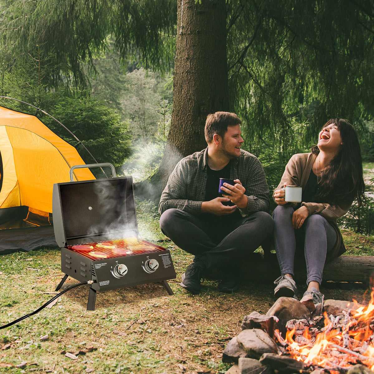 Barbecue gaz de Table transportable Pieds Pliables - 2 brûleurs 5 KW - Barbecue gaz de Camping - Grille de