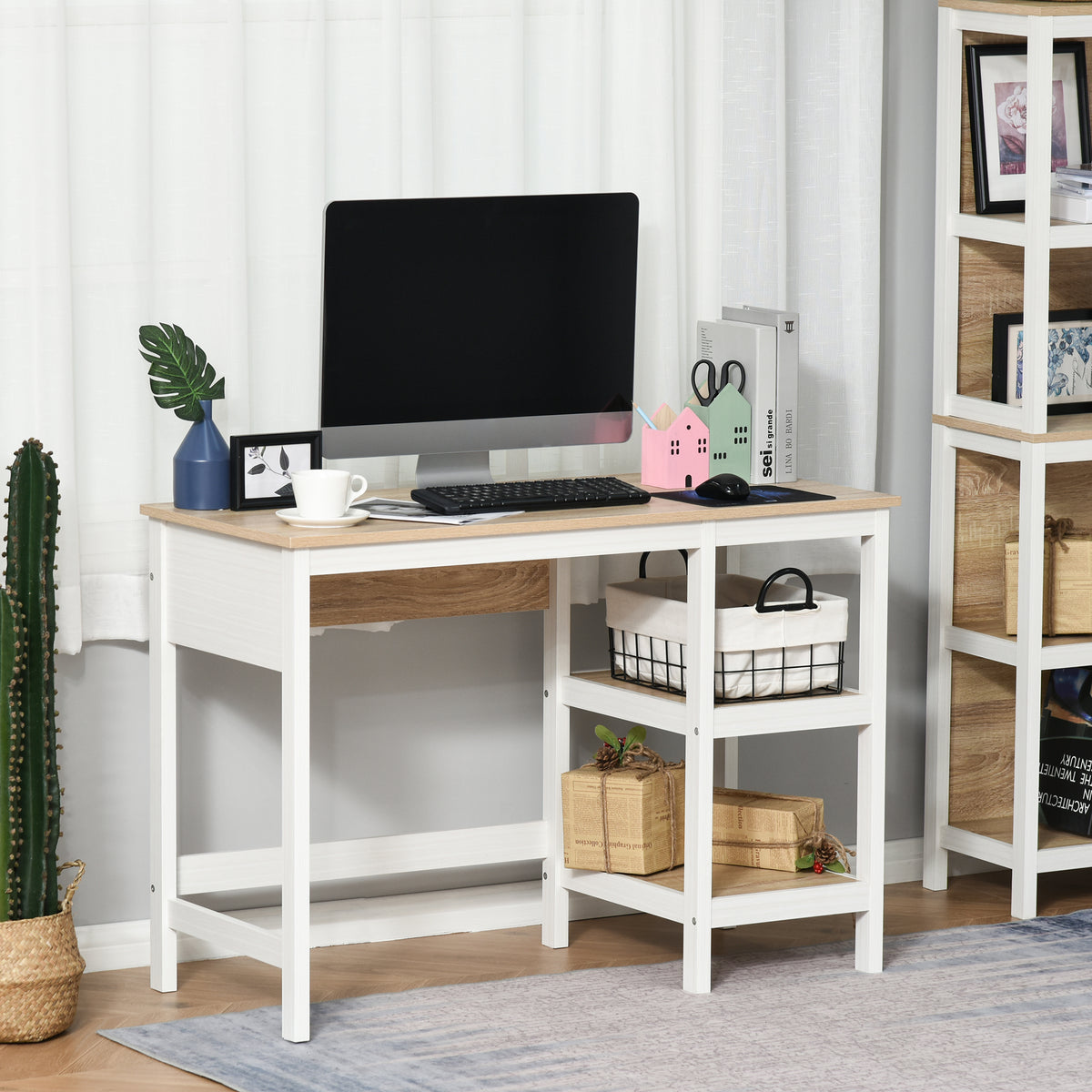 Multimedia-Computertisch, Maße 110L x 48B x 76H cm, 2 seitliche Ablagen, MDF E1, helle Eiche/Weiß