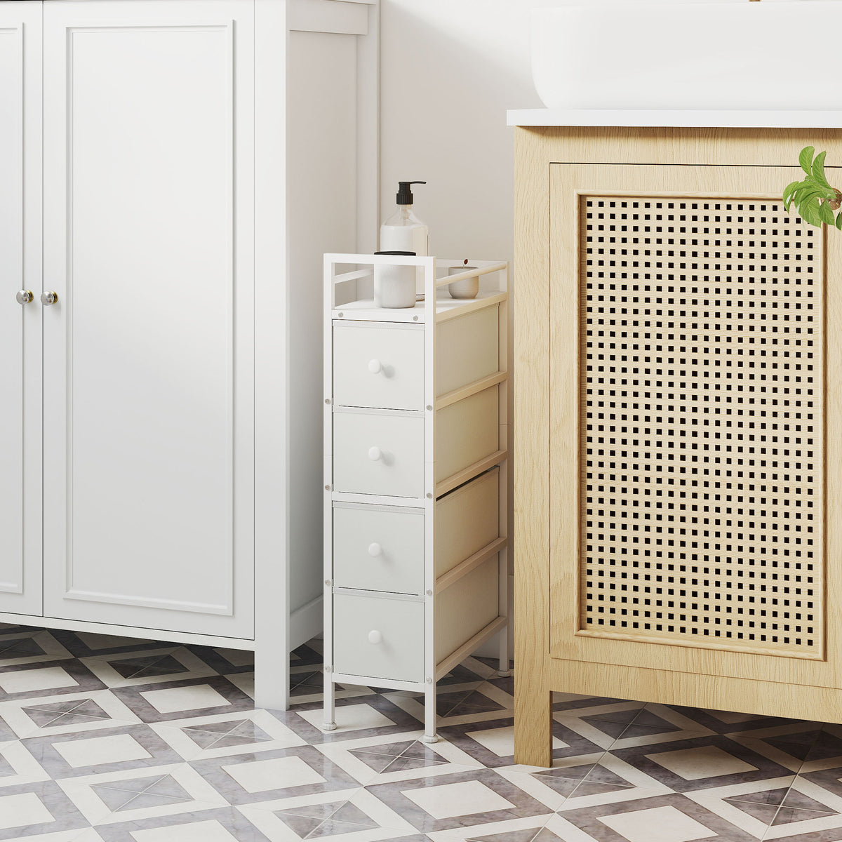 Ladekast met 4 opvouwbare stoffen lades, smalle opbergkast, moderne stijl, stalen frame, 20 x 43 x 81,5 cm, wit