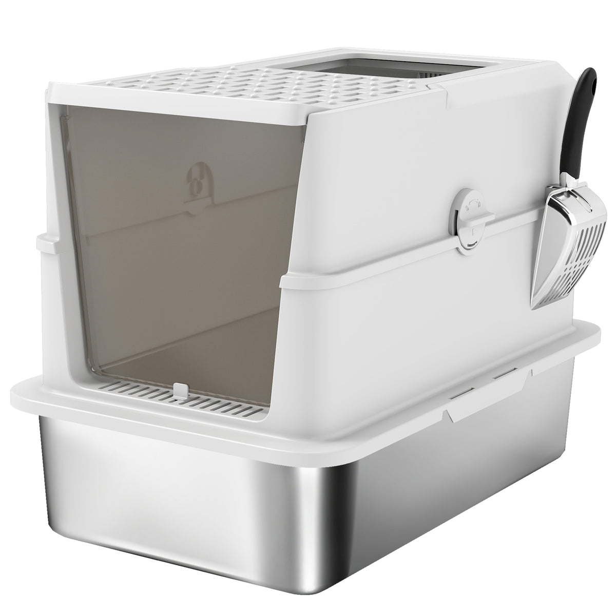Bac à litière pour chat fermé, maison de toilette pour chat en acier inoxydable, 60,2 x 40,2 x 43,7 cm, gris clair