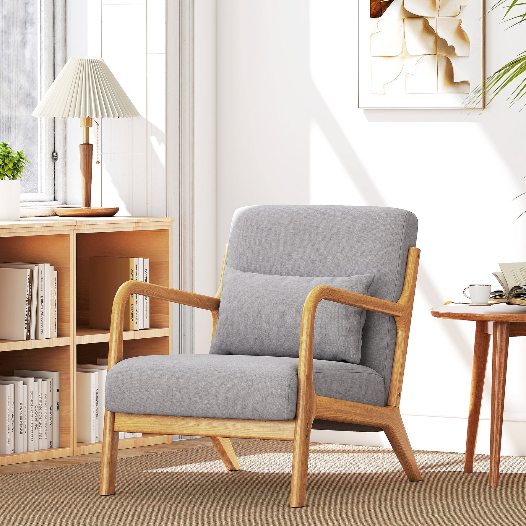 Fauteuil lounge - 3 coussins inclus - assise profonde - accoudoirs - structure bois hévéa - velours givré gris