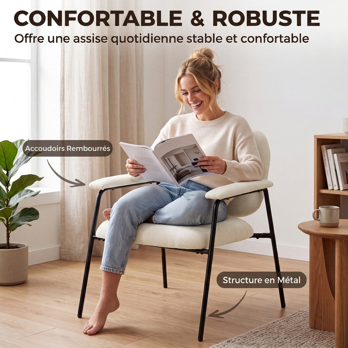 Lot de 2 Fauteuils Salon, Fauteuils d'Appoint en Chenille avec Dossier Profilé, Accoudoirs Rembourrés, Crème