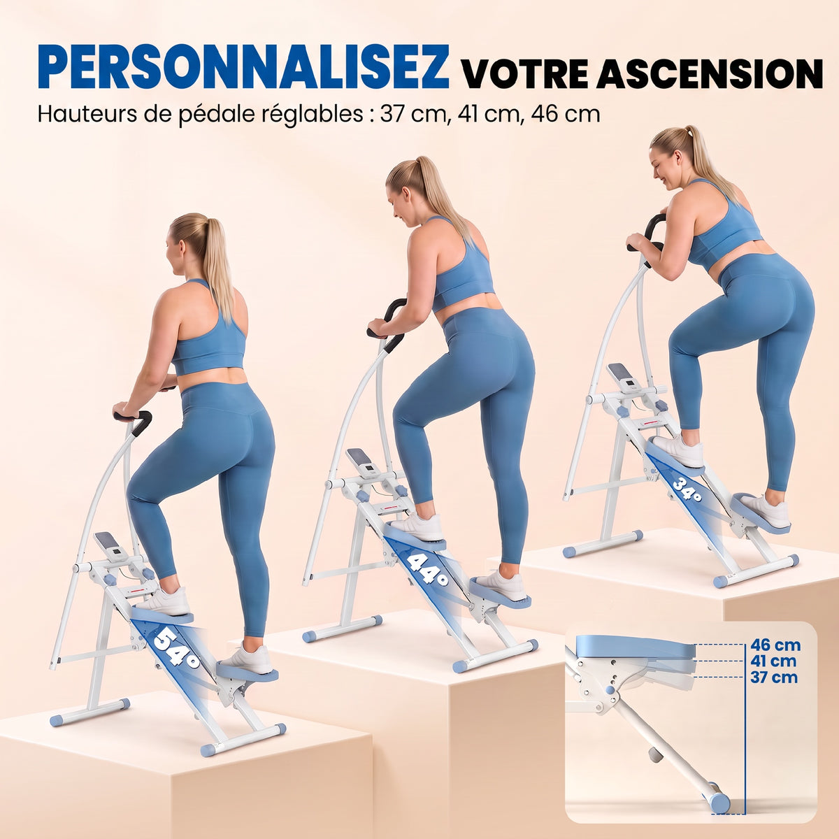 Stepper d'Escalier Pliable, Hauteur Réglable, Écran LCD, Pédales Réglables, Charge 100 kg, 85 x 80 x 142 cm, Blanc