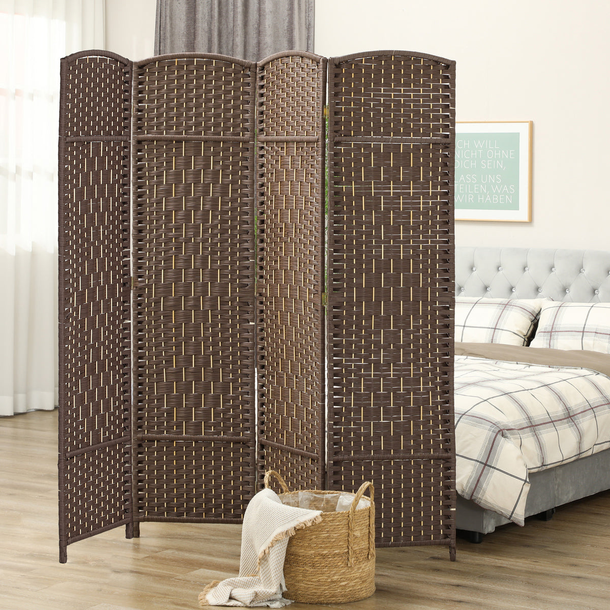 Biombo interior de madera de 4 paneles, separador de ambientes plegable para salón y dormitorio, 180 x 180 cm, marrón