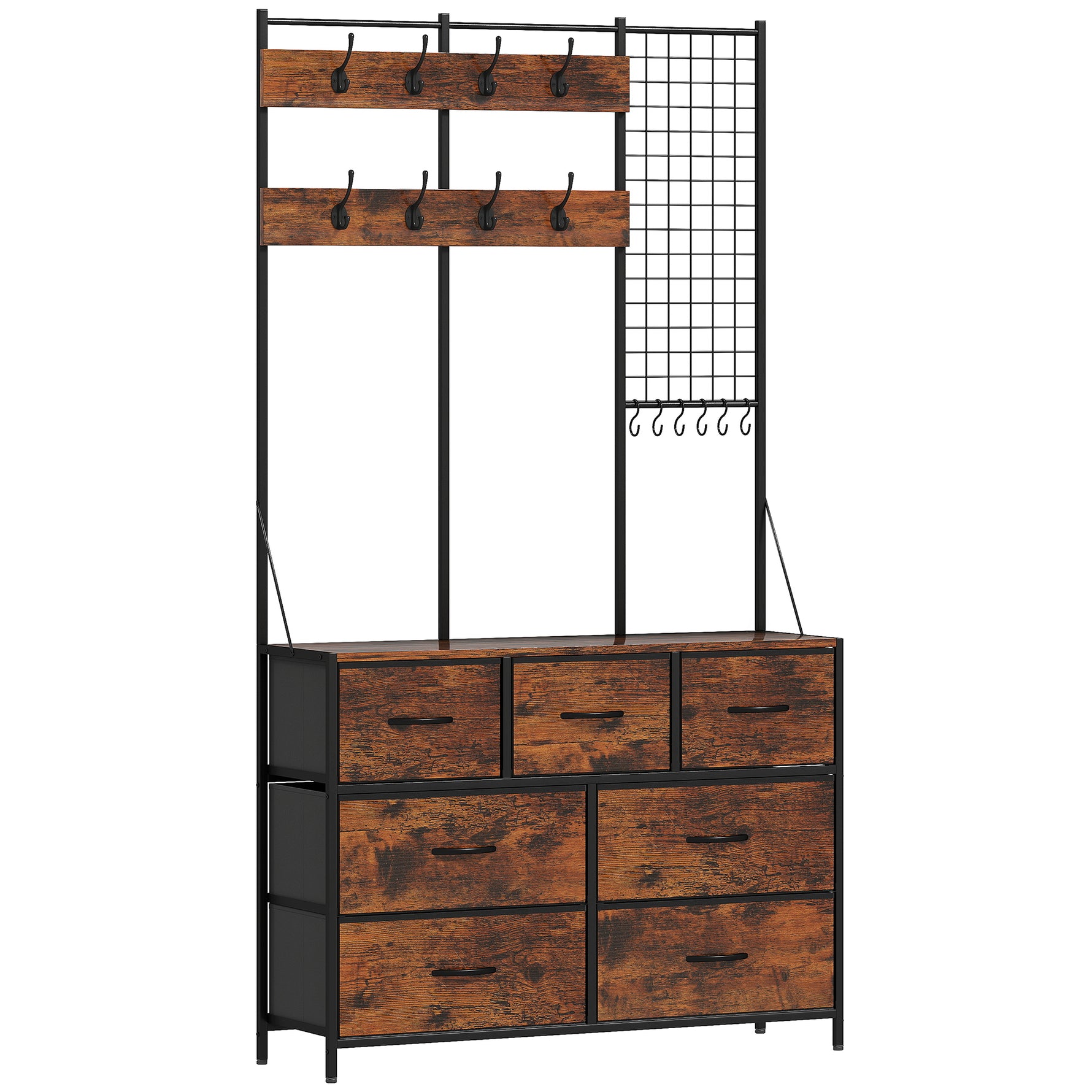 Meuble d'entrée 4 en 1, portemanteau, vestiaire avec 7 tiroirs en tissu et 14 crochets, 100 x 30 x 183 cm, brun rustique
