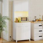 Buffet haut cuisine avec LED et station de charge, armoire de cuisine avec 4 portes, tiroir et plan de travail, blanc