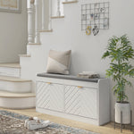 Banc à chaussures, banc de rangement, assise rembourrée, tiroir rabattable, porte avec motif 106 x 24 x 52,5 cm, blanc