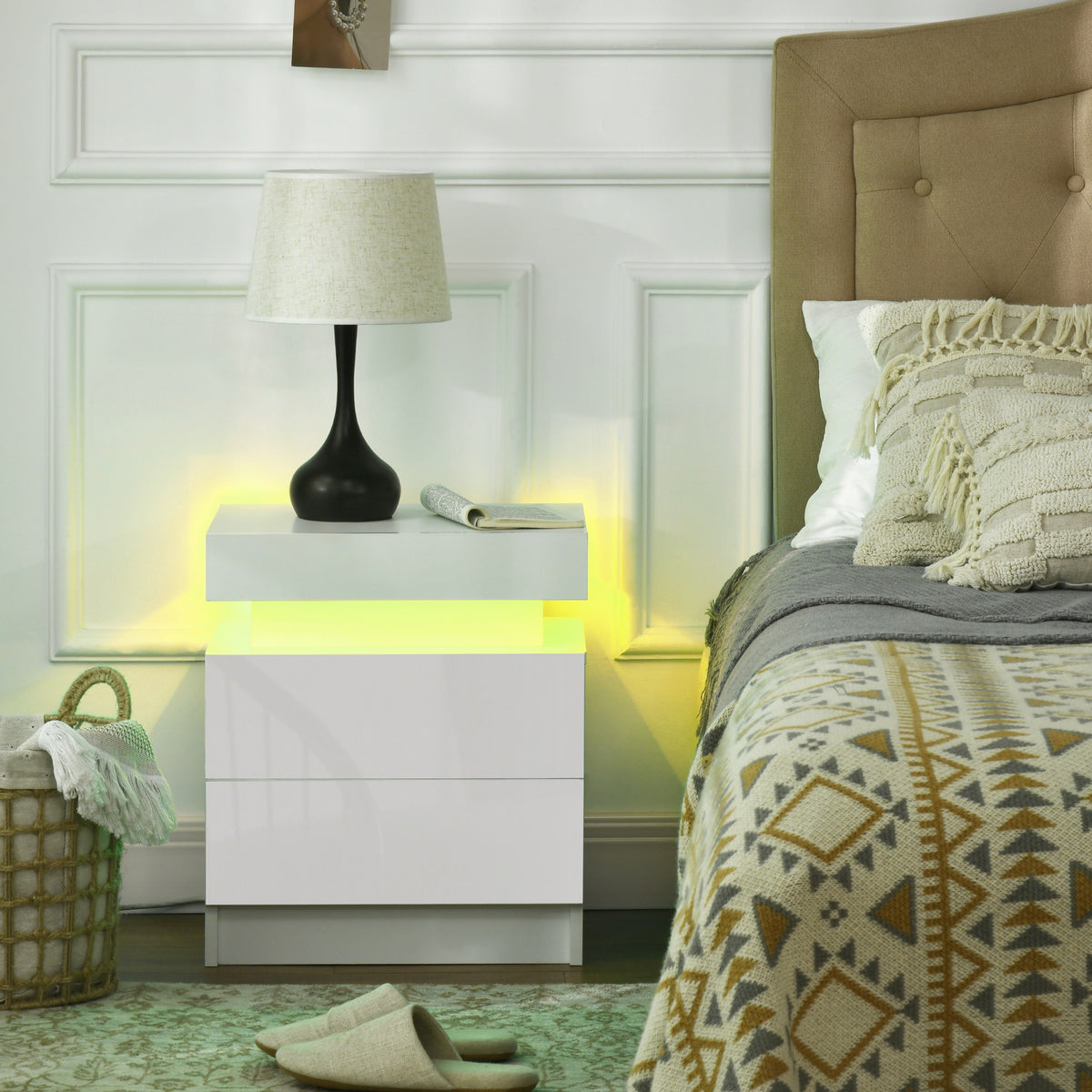 Table de chevet table de nuit lumière LED RVB panneau haute brillance avec 2 tiroirs pour salon chambre à coucher blanc