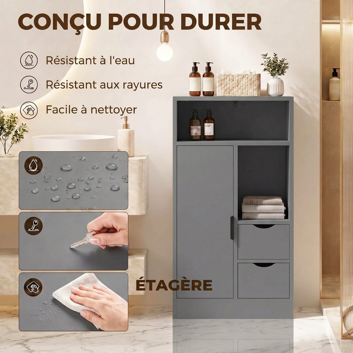 Mobiletto da bagno, mobile contenitore stretto con 2 cassetti, scomparti a giorno, 50x25x100 cm, grigio