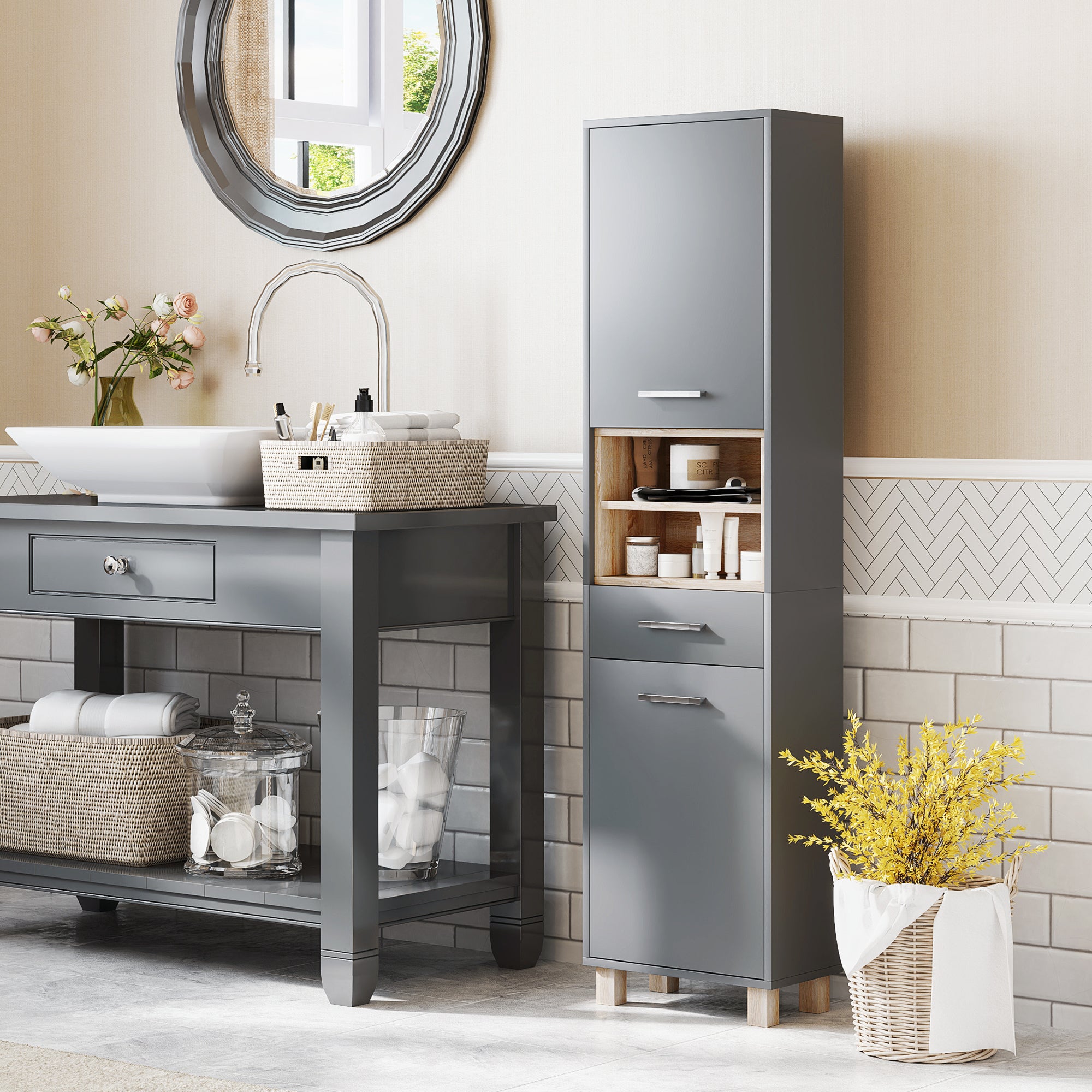 Colonne salle de bain, meuble salle de bain rangement avec 2 placards, tiroir et 2 compartiments ouverts, gris