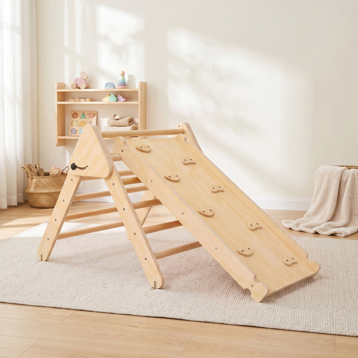 Triangle d'escalade, 3 en 1 en bois pour grimper et glisser, charge max. 50 kg, pour 18-48 mois, bois naturel