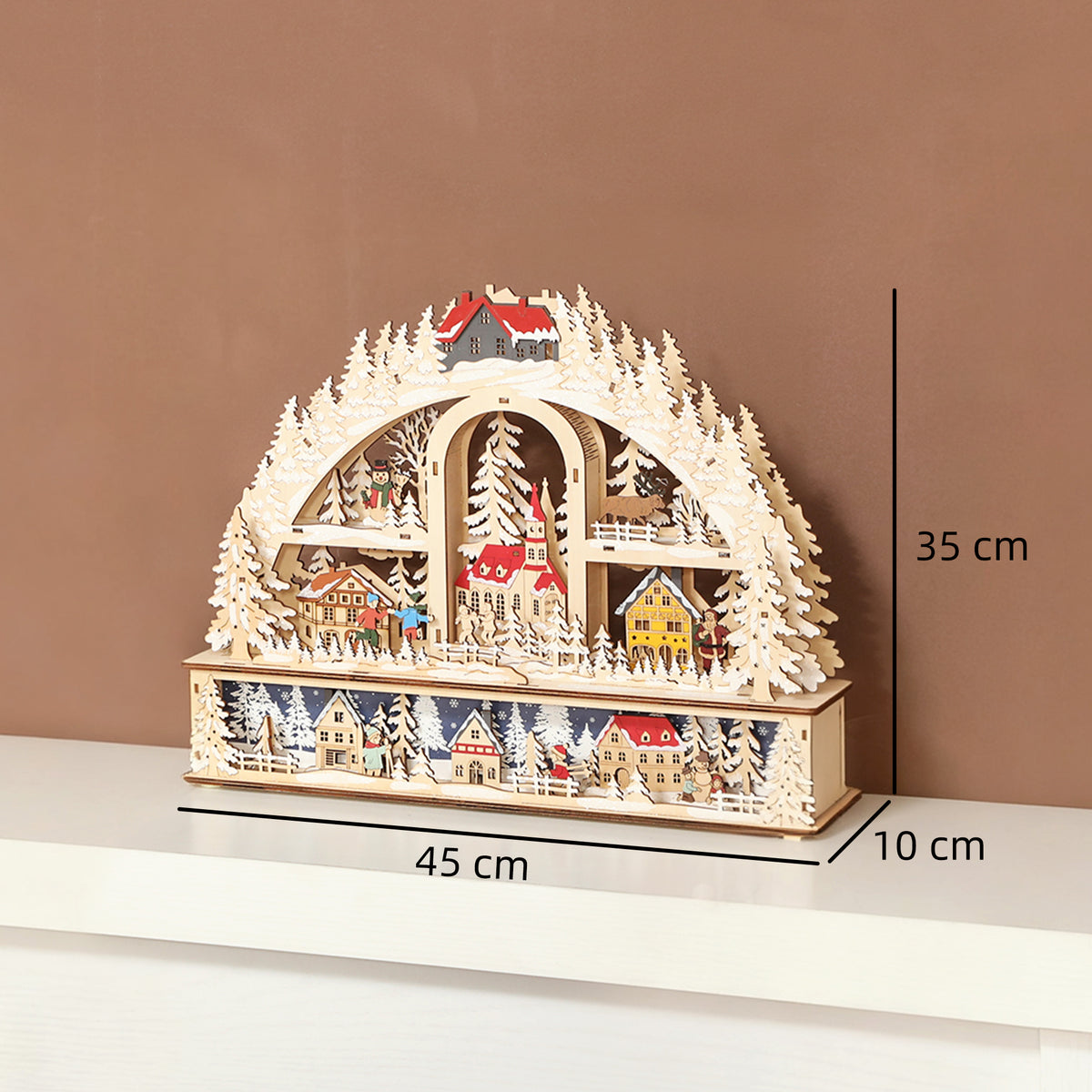 Verlicht kerstdorp met 20 leds, geanimeerd boogvormig kerstdorp, werkt op batterijen, 45 x 10 x 35 cm, naturel hout