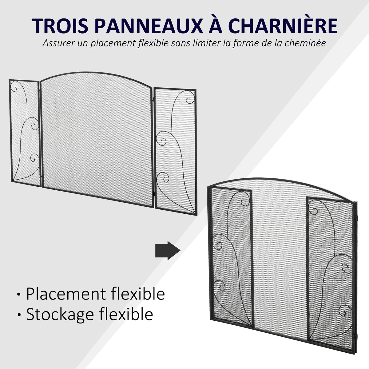 Pare-feu pour cheminée ou poêle design élégant Pare-étincelles 3 Volets Pliables dim. 132,5L x 76,5H cm Acier métal Noir