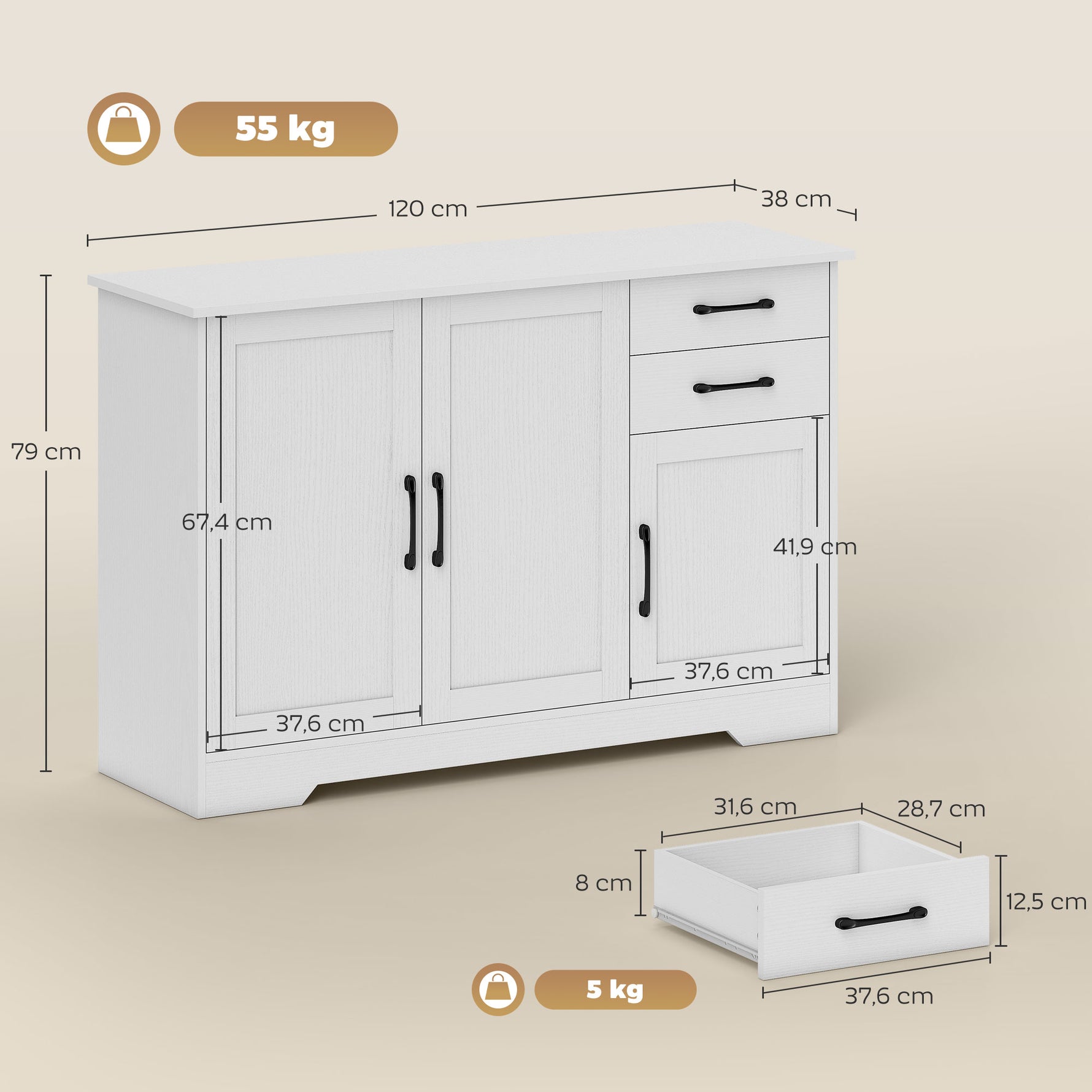 Buffet, meuble de rangement avec 3 portes, 2 tiroirs et étagère réglable, 120 x 38 x 79 cm, blanc