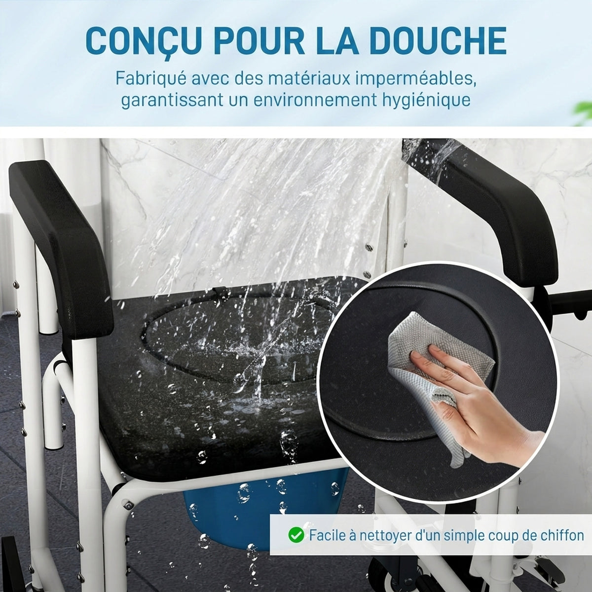 Silla con inodoro para adultos con ruedas, silla con inodoro para ducha con reposapiés, respaldo y reposabrazos, 53x97x97 cm, negro