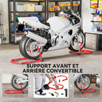 Béquille roue avant arrière charge 390kg béquille d'atelier moto bras réglable en acier, fourche en forme de U + L rouge