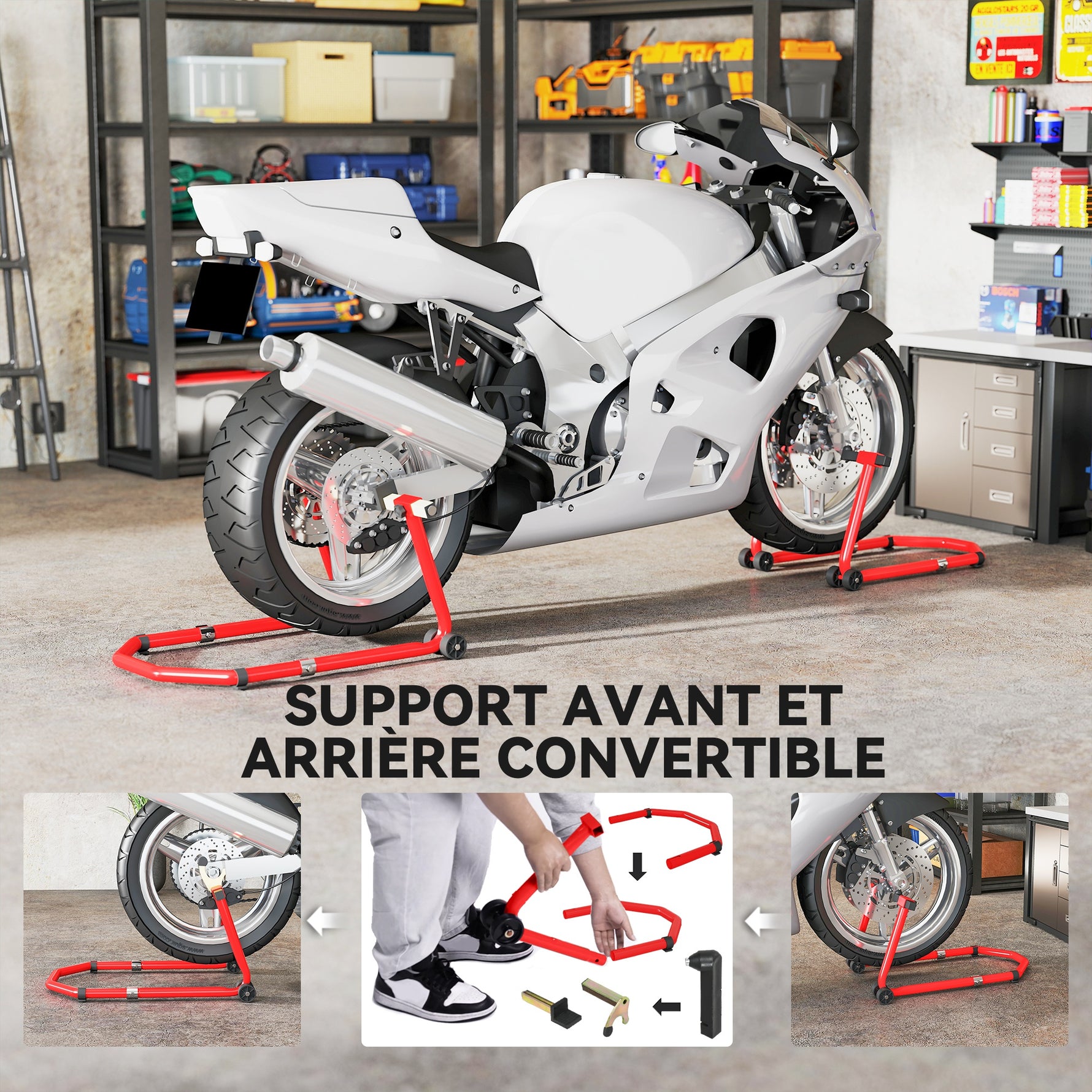 Béquille roue avant arrière charge 390kg béquille d'atelier moto bras réglable en acier, fourche en forme de U + L rouge