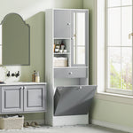 Meuble de salle de bain avec panier à linge et miroir étagère réglable 62 x 28,3 x 181 cm gris et blanc