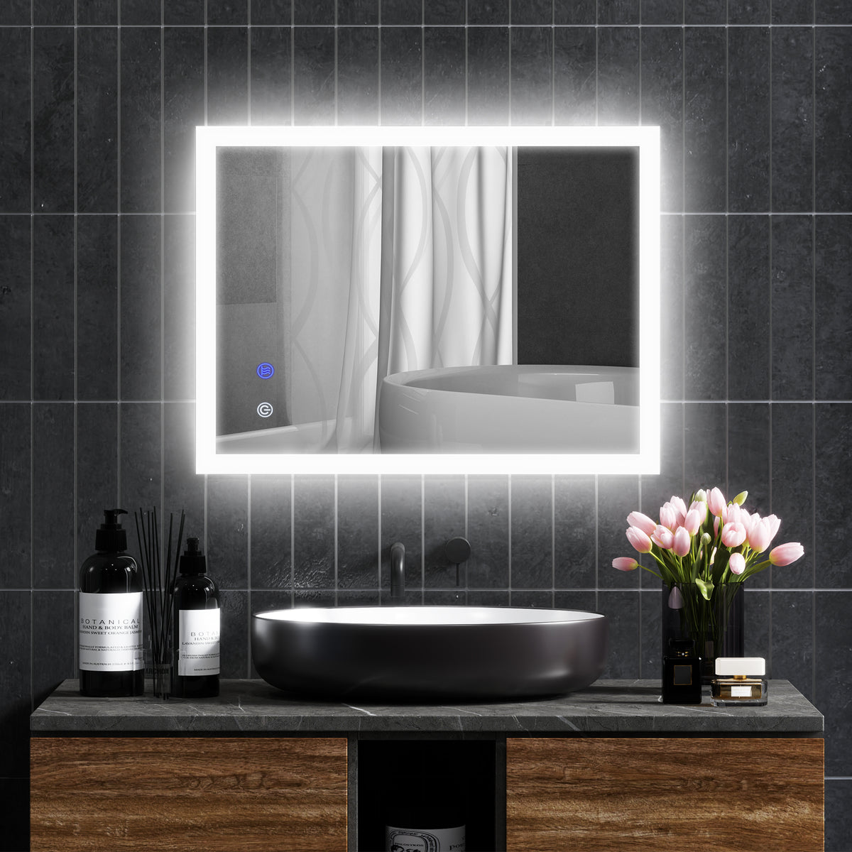 Miroir mural lumineux LED de salle de bain 80 x 60 cm 3 couleurs luminosité réglable interrupteur tactile transparent