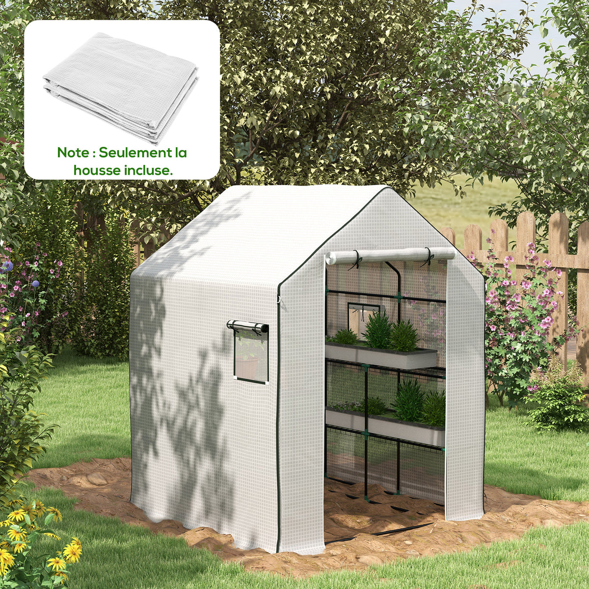 Bâche de remplacement pour serre de jardin 140 x 143 x 190 cm avec fenêtre et porte à fermeture éclair anti-UV