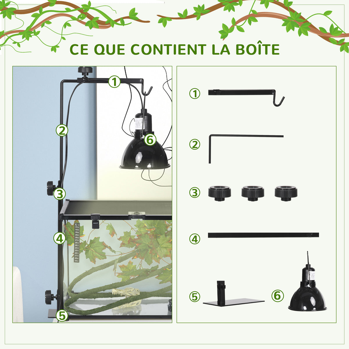 Support de lampe chauffante pour reptiles hauteur et largeur réglables pour amphibiens base en acier 32 x 9 x 67 cm noir