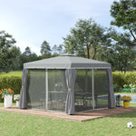 Tonnelle de jardin extérieur 3 x 3 m, barnum avec toit double, rideaux et moustiquaire, cadre en aluminium, gris foncé