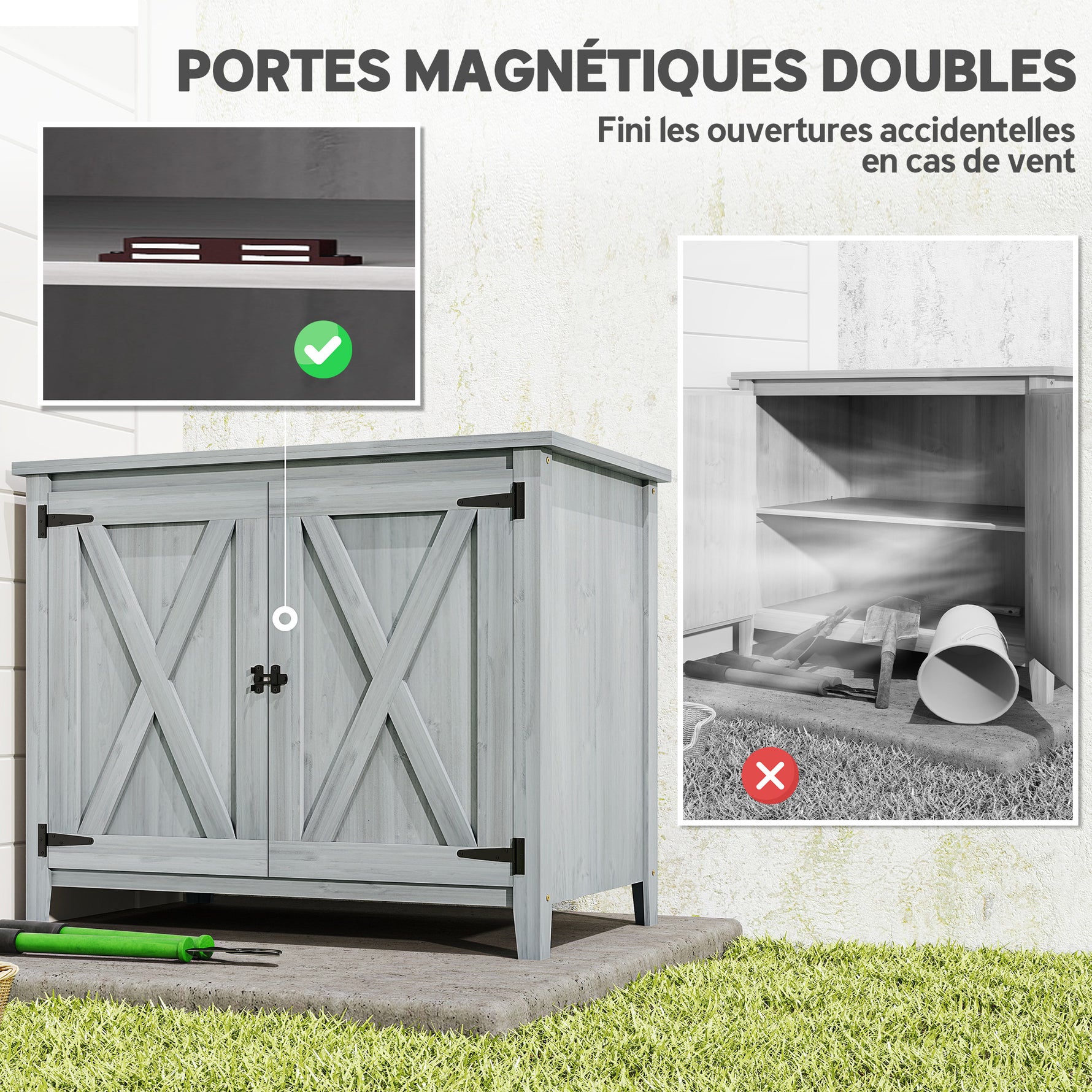 Armoire de jardin en bois, placard de jardin en bois avec étagères et double portes, 110 x 60 x 88,5 cm, gris clair