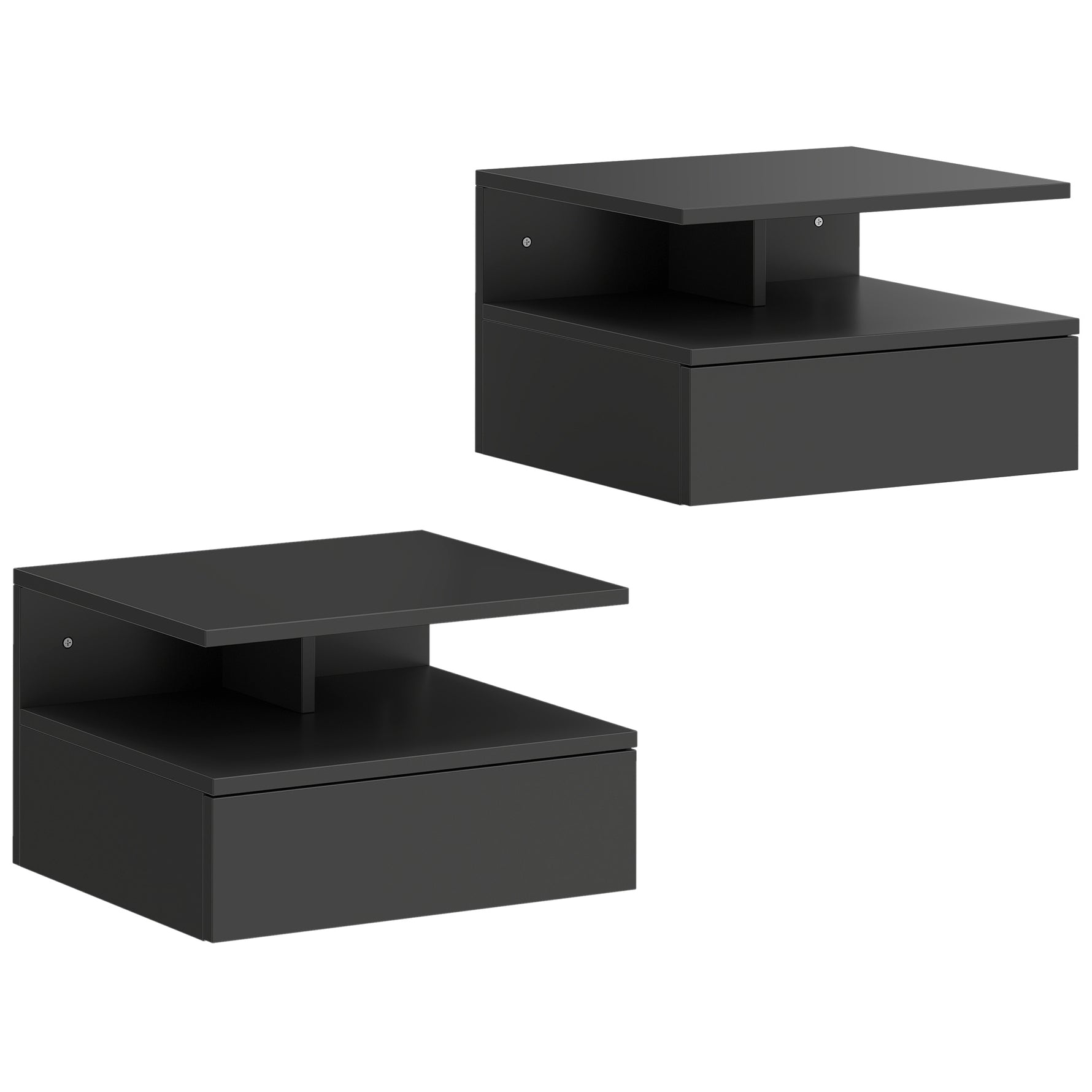 Lot de 2 tables de chevet murales, tables de nuit suspendues avec tiroir, étagère ouverte, 35x32x22,5cm, noir