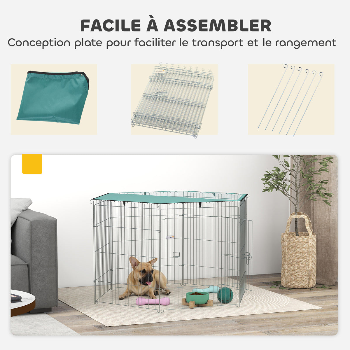 Parc pour chien, enclos chien 6 panneaux avec toit, modulable et pliable, enclos portable 76H cm avec porte argent vert