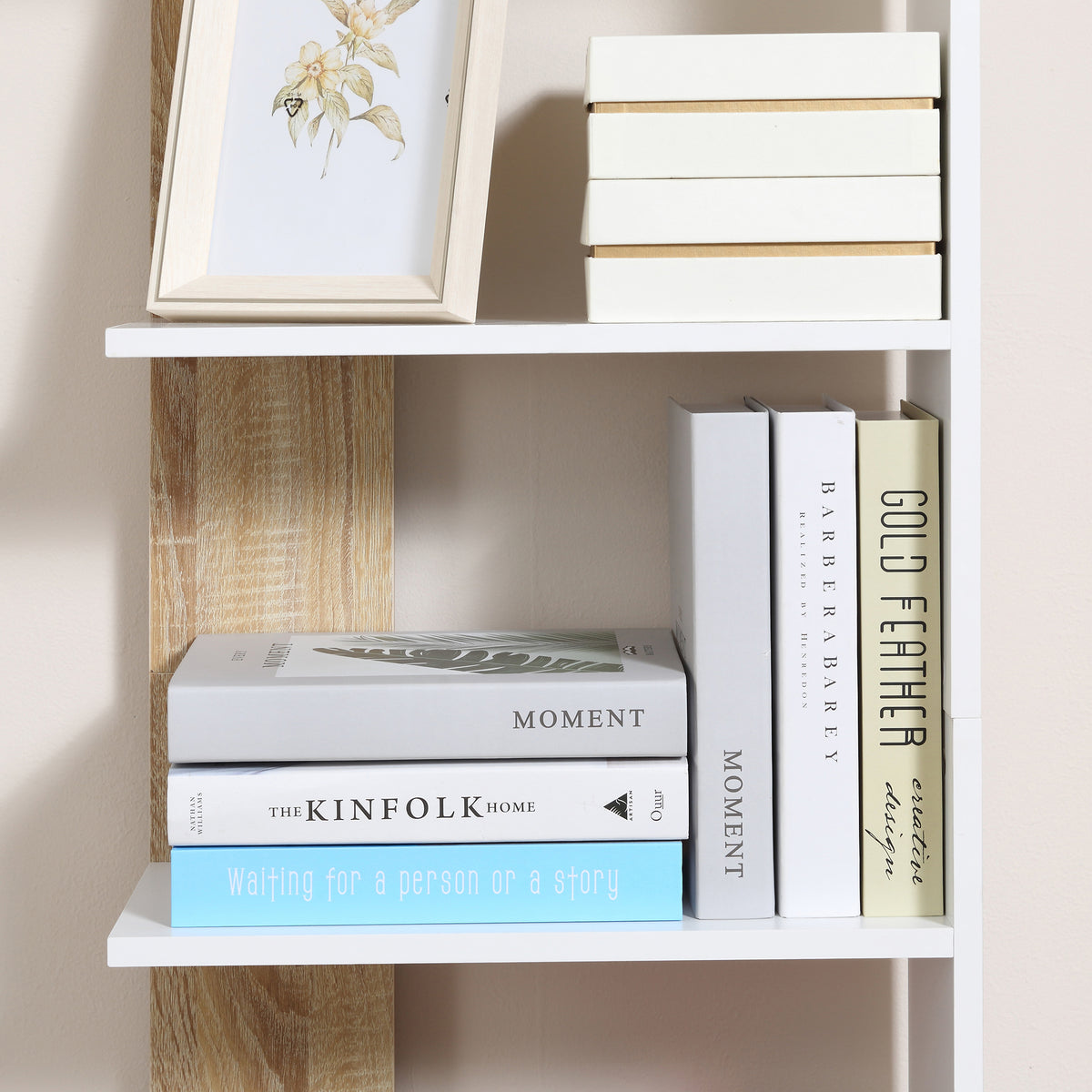 Bibliothèque Étagère de Rangement avec 5 Compartiments Ouverts Design Simple Moderne Blanc et Chêne