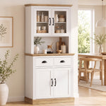 Buffet Haut Cuisine, Armoire Cuisine, 4 Portes dont 2 en Verre, 2 Tiroirs, Plan de Travail, Étagères Réglables, Blanc