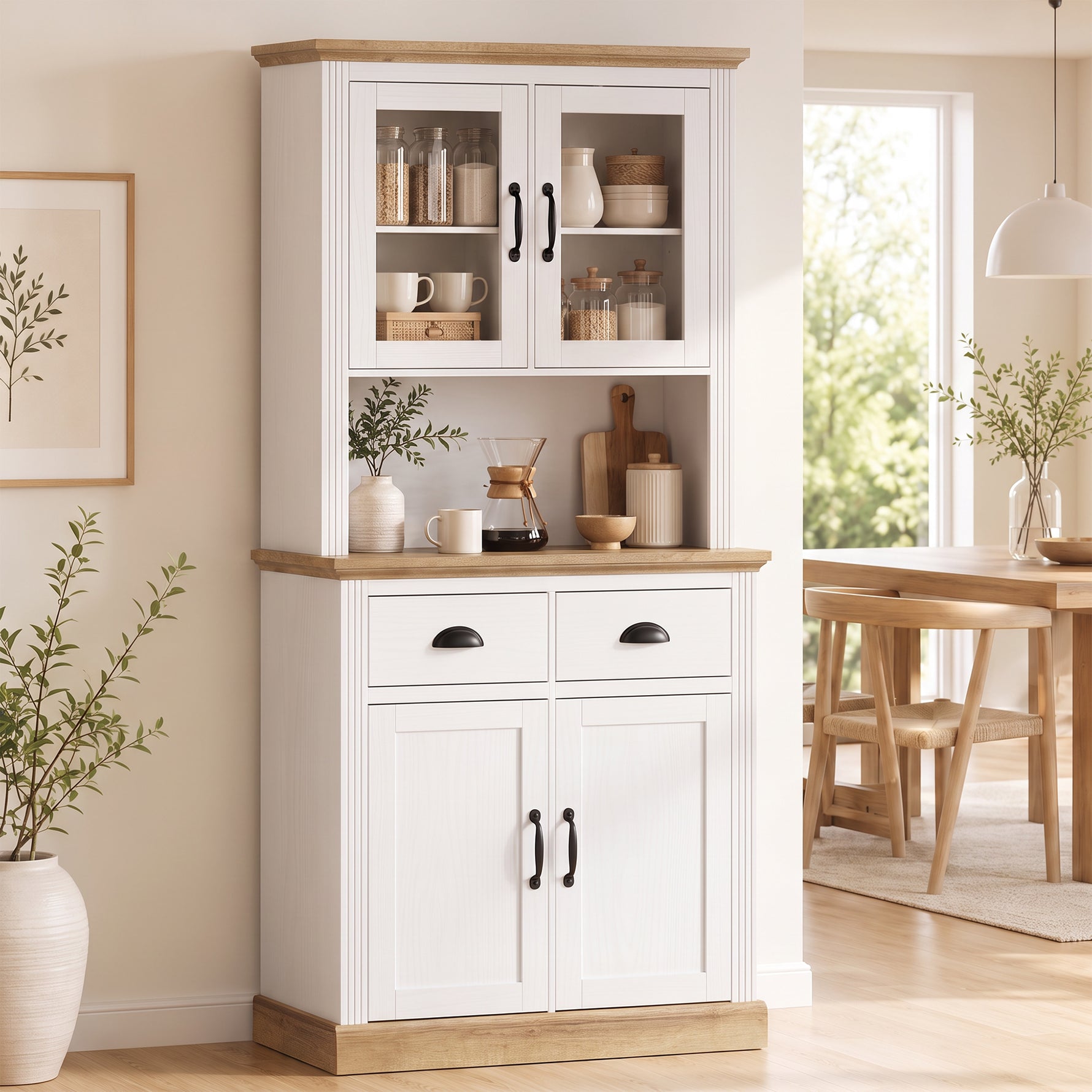 Buffet Haut Cuisine, Armoire Cuisine, 4 Portes dont 2 en Verre, 2 Tiroirs, Plan de Travail, Étagères Réglables, Blanc