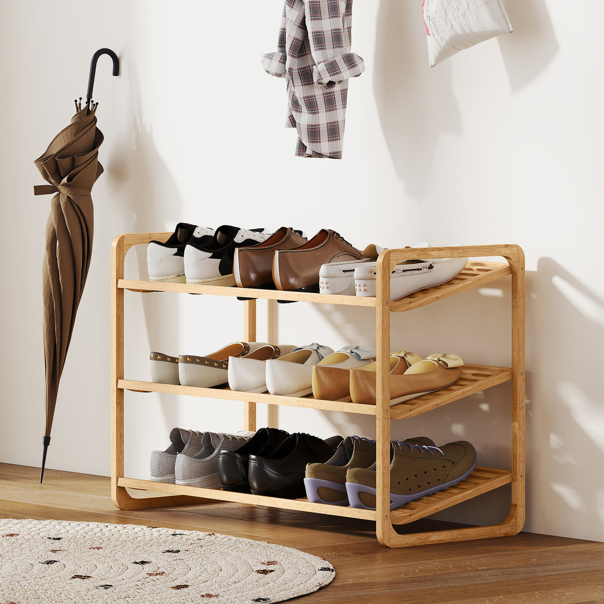Étagère à chaussures en bambou à 3 niveaux, porte-chaussures capacité 12 paires, 76x33x50,8cm, bois naturel