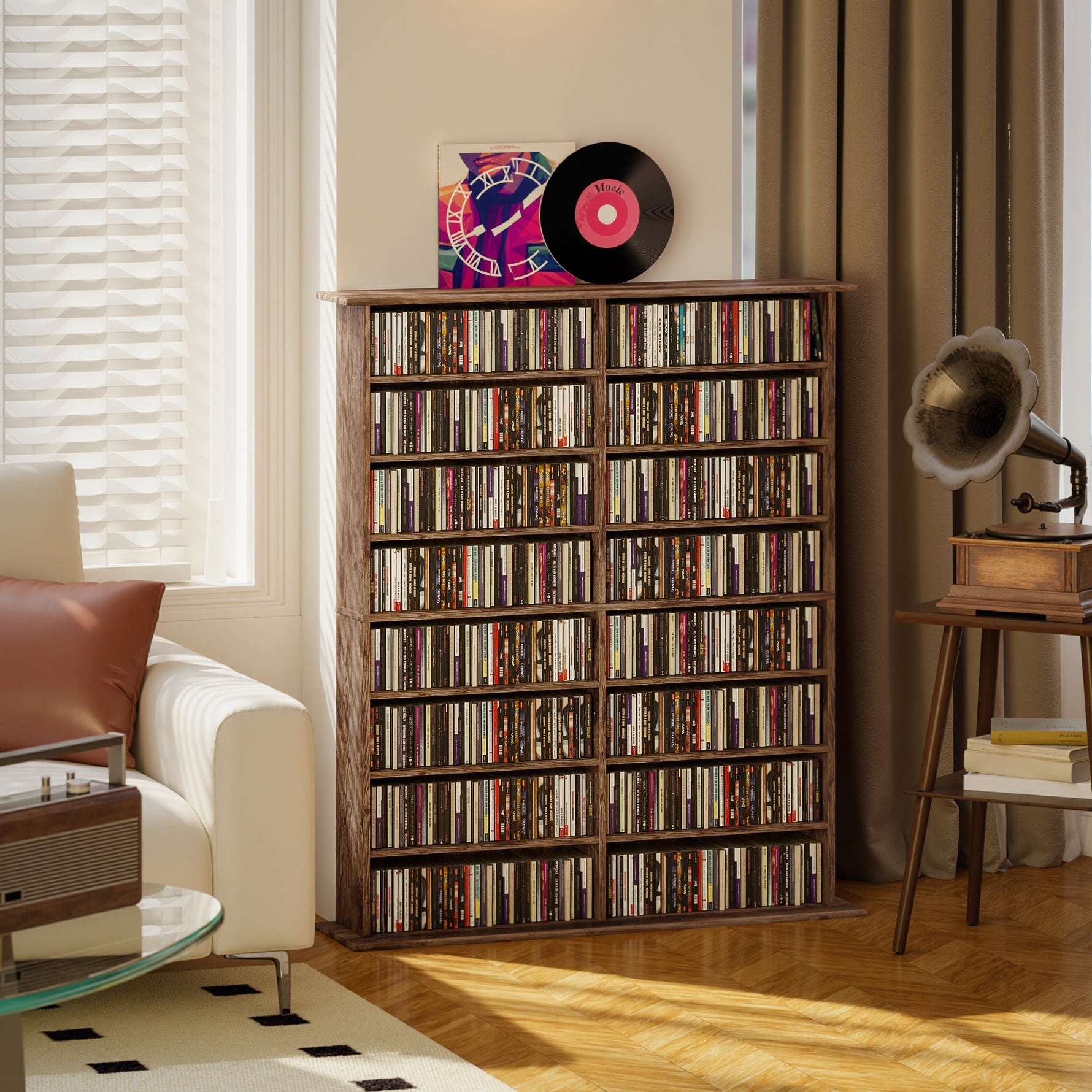 Rangements pour CD et DVD avec 16 compartiments et 12 étagères réglables capacité max. 720 CD/396 DVD et Blu-ray marron