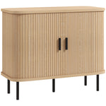 Buffet meuble de rangement avec portes coulissantes à lattes, armoire de cuisine avec pieds en acier, ton chêne