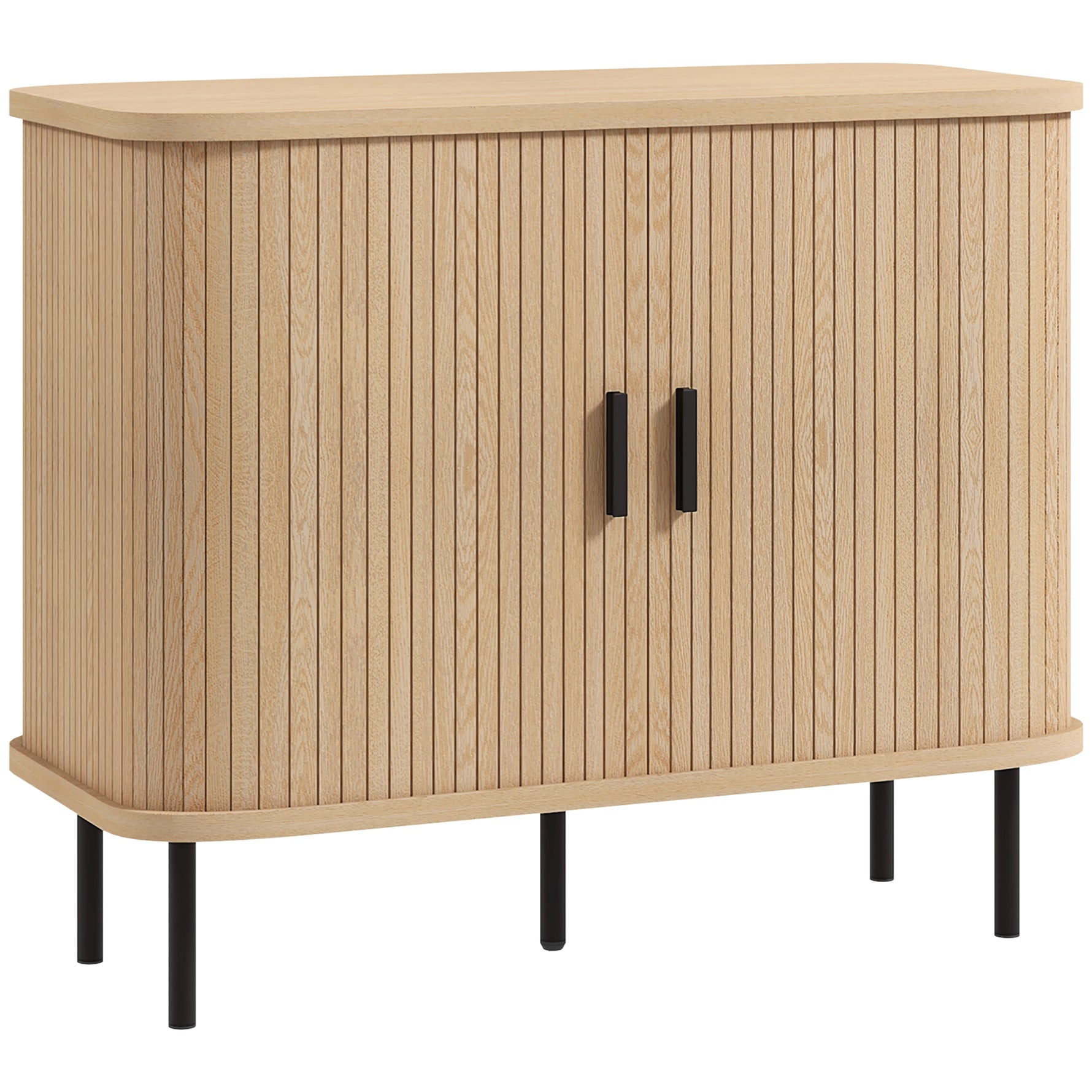 Buffet meuble de rangement avec portes coulissantes à lattes, armoire de cuisine avec pieds en acier, ton chêne