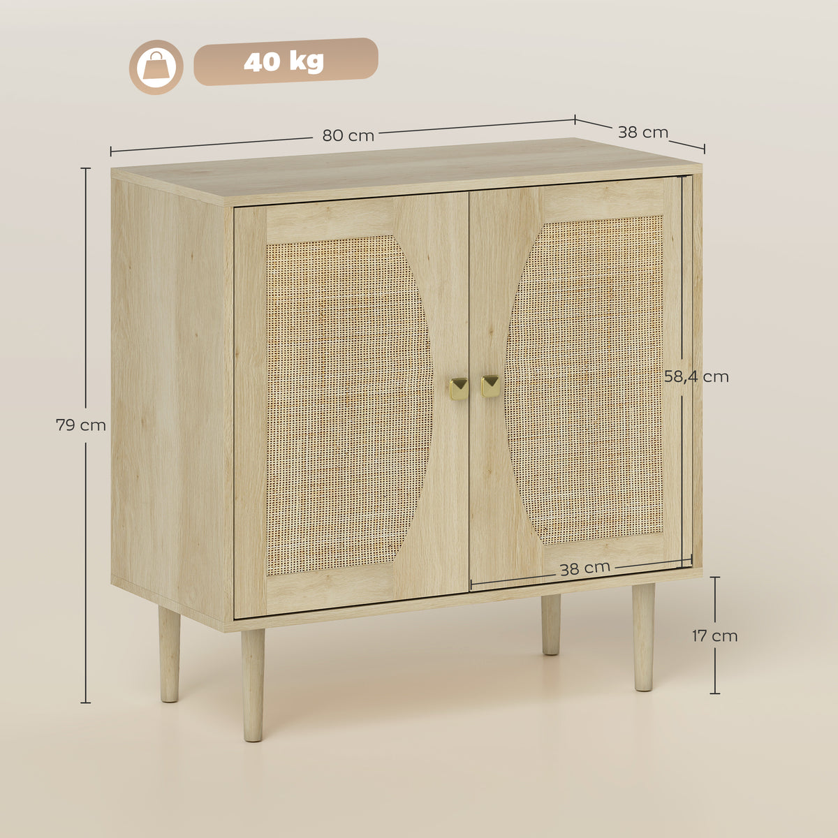 Küchenbuffet, Aufbewahrungsschrank mit Doppeltüren und 2 Ebenen, Front in Wiener Geflecht, 80 x 38 x 79 cm, natürliche Holzoptik